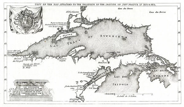 Map of New France, all Jesuit French settlements around Lake Superior, Lake Huron,