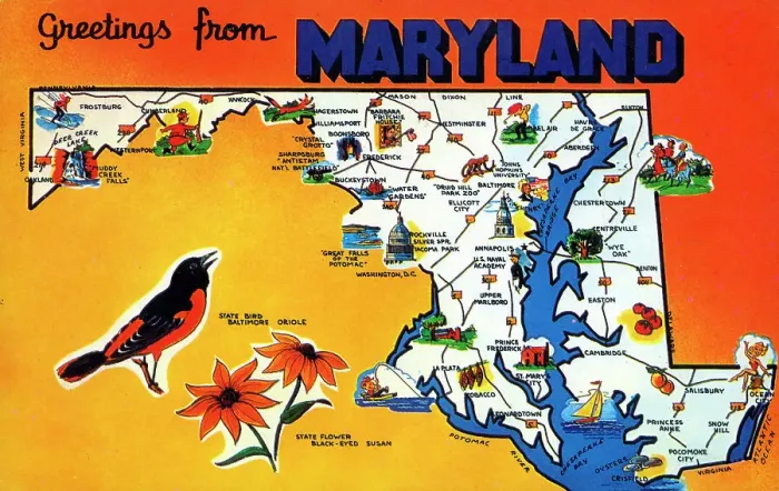 Framed Print : Map postcard - Greetings from Maryland, USA Framed Print : Map postcard - Greetings from Maryland, USA
