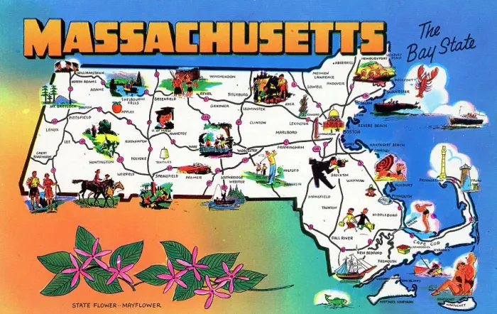 Framed Print : Map postcard - Greetings from Massachusetts, USA Framed Print : Map postcard - Greetings from Massachusetts, USA