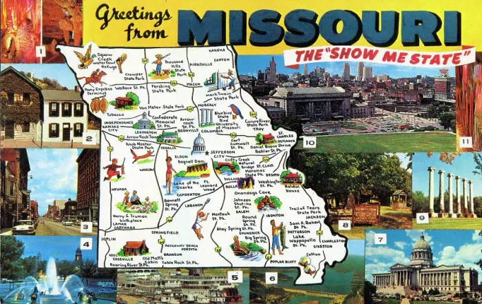 Framed Print : Map postcard - Greetings from Missouri, USA