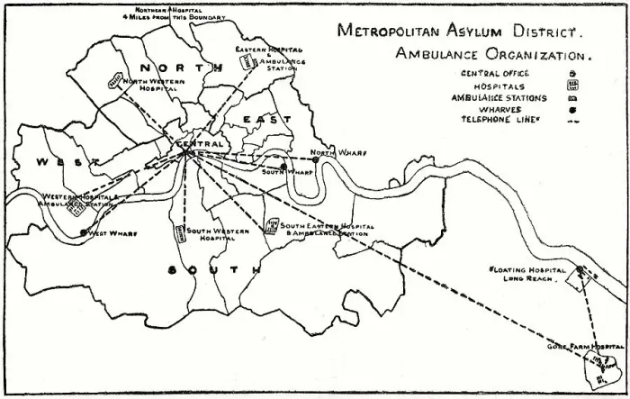 Framed Print : Map showing the organisation of the London's Metropolitan Asylums Board's ambulance network and the location of the Board's fever and diphtheria hospitals. Date: 1891 Framed Print : Map showing the organisation of the London's Metropolitan Asylums Board's ambulance network and the location of the Board's fever and diphtheria hospitals. Date: 1891