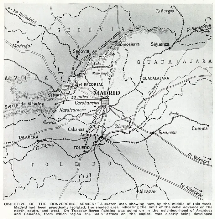 Framed Print : Map showing the position of Nationalist forces, in the shaded area, as they surrounded the Republican held city of Madrid during the Spanish Civil War, October 1936. Date: 1936 Framed Print : Map showing the position of Nationalist forces, in the shaded area, as they surrounded the Republican held city of Madrid during the Spanish Civil War, October 1936. Date: 1936
