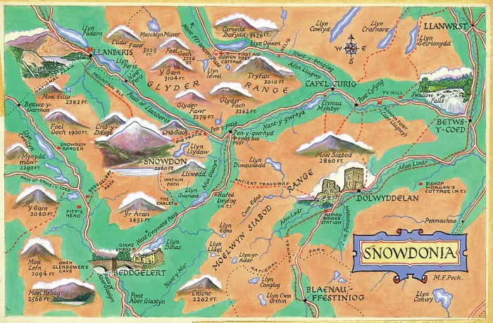 Framed Print : Map Snowdonia Postcard North Wales Watercolour Framed Print : Map Snowdonia Postcard North Wales Watercolour