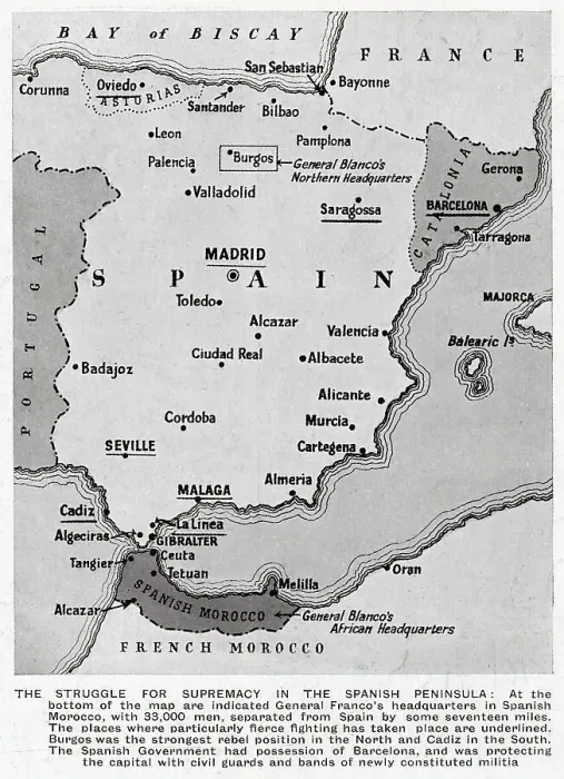 Framed Print : Map of Spain showing the situation at the beginning of the Spanish Civil War, July 1936. The heaviest fighting in July took place in the places underlined on the map: Madrid, Barcelona, Oviedo, Saragossa, Seville, Malaga, Cadiz and La Linea Framed Print : Map of Spain showing the situation at the beginning of the Spanish Civil War, July 1936. The heaviest fighting in July took place in the places underlined on the map: Madrid, Barcelona, Oviedo, Saragossa, Seville, Malaga, Cadiz and La Linea