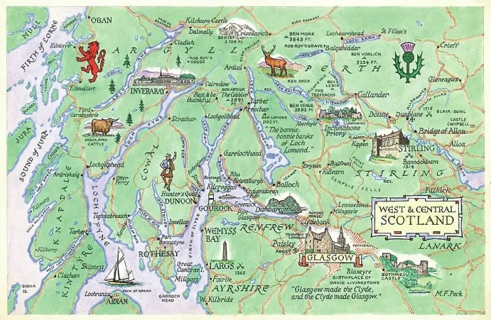 Framed Print : Map West and Central Scotland Postcard England Framed Print : Map West and Central Scotland Postcard England