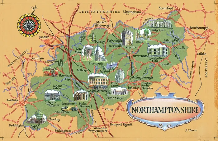 Framed Print : Maps by P Posner - Northamptonshire Framed Print : Maps by P Posner - Northamptonshire