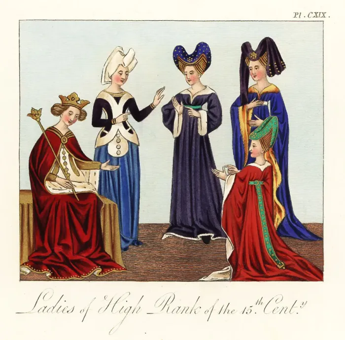 Framed Print : Margaret of Anjou, Queen of England, and noblewomen Framed Print : Margaret of Anjou, Queen of England, and noblewomen