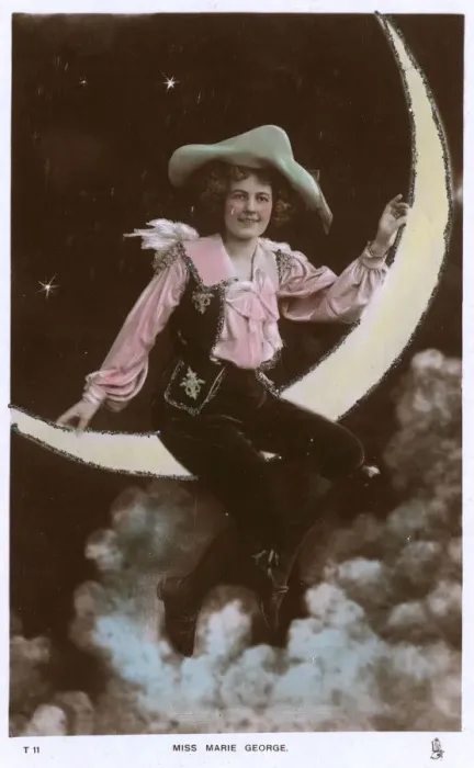 Framed Print : Marie George, American performer, sitting on a paper moon Framed Print : Marie George, American performer, sitting on a paper moon