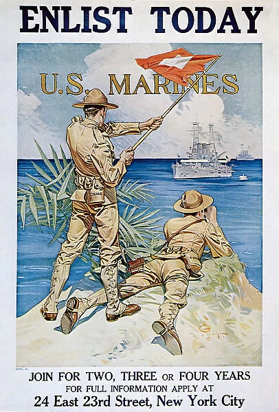 Two marines on coast signal battleship with flag Date: 1918