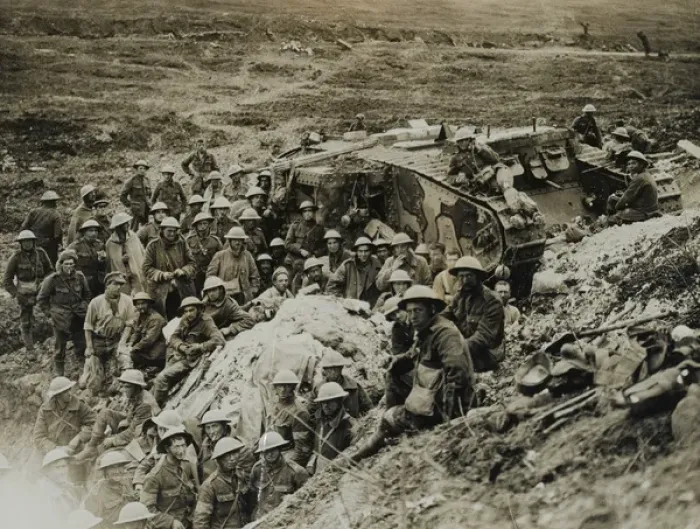 Framed Print : A Mark I tank surrounded by troops of 122nd Brigade Framed Print : A Mark I tank surrounded by troops of 122nd Brigade