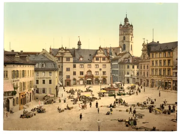 Late 19th Century German Print of Darmstadt Market Place. Art