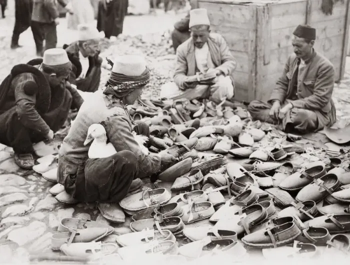 Framed Print : Market, Tirana, Albania, 1933, shoe seller and duck Framed Print : Market, Tirana, Albania, 1933, shoe seller and duck