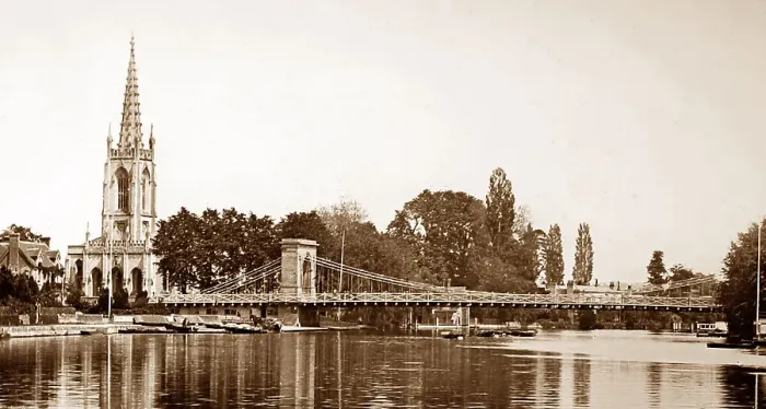 Framed Print : Marlow Bridge and Church, Victorian period Framed Print : Marlow Bridge and Church, Victorian period