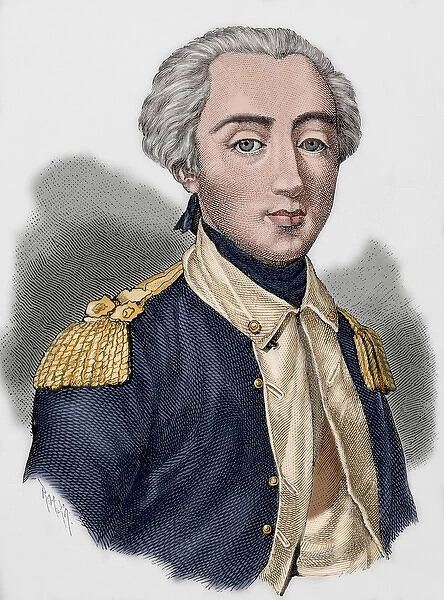 Marquis of La Fayette (1757-1834). Colored engraving