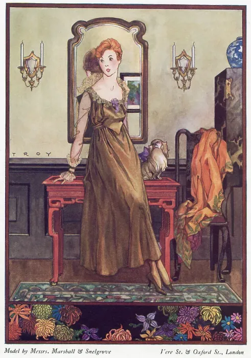 Framed Print : Marshall & Snelgrove gown: loose fitting, high waisted ankle length gown in a bronze fabric, round neckline, Medici style collar, translucent sleeves & reverse cuffs. Date: 1915 Framed Print : Marshall & Snelgrove gown: loose fitting, high waisted ankle length gown in a bronze fabric, round neckline, Medici style collar, translucent sleeves & reverse cuffs. Date: 1915