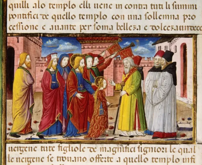 Framed Print : Mary offered to the High Priests. Codex of Predis (1476). It Framed Print : Mary offered to the High Priests. Codex of Predis (1476). It