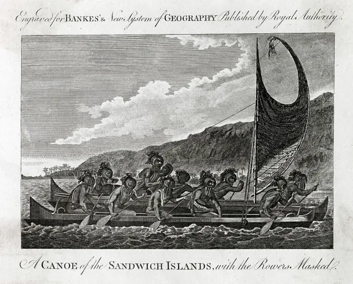 Framed Print : Masked natives of the Sandwich Islands rowing in a canoe Date: 1770 Framed Print : Masked natives of the Sandwich Islands rowing in a canoe Date: 1770