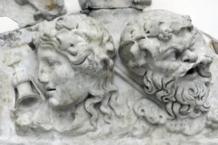 Framed Print : Masks of Dionysos and Silenos. Roman relief. 2nd century AD Framed Print : Masks of Dionysos and Silenos. Roman relief. 2nd century AD
