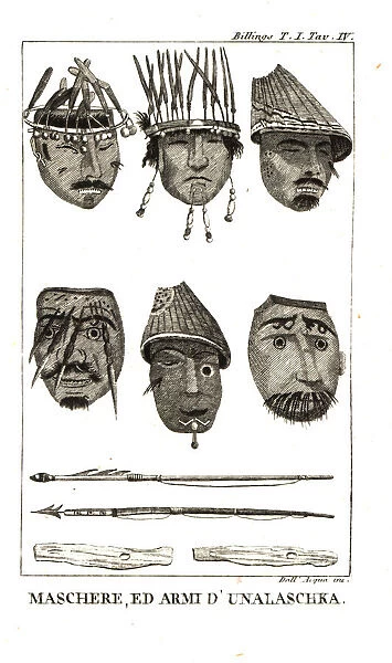 Masks and weapons used by the Unalaskans