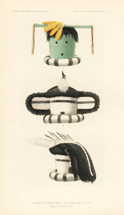 Framed Print : Masks of Ya mukakto (a) and Hu tutu (b, c), Zuni Nation Framed Print : Masks of Ya mukakto (a) and Hu tutu (b, c), Zuni Nation