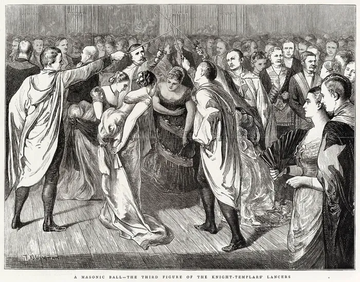Framed Print : A masonic ball at Cambridge, given by the Isaac Newton University Lodge of Freemasons. The engraving represents the third figure of the Knight Templars Lancers, when the knights cross their swords over their partners heads Framed Print : A masonic ball at Cambridge, given by the Isaac Newton University Lodge of Freemasons. The engraving represents the third figure of the Knight Templars Lancers, when the knights cross their swords over their partners heads