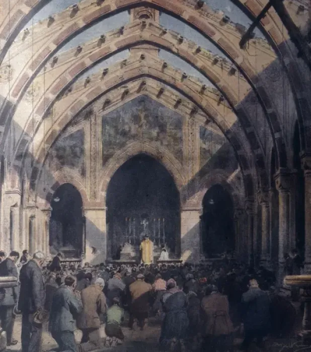 Framed Print : Mass celebrated in ruined church, Milan, Italy, WW1 Framed Print : Mass celebrated in ruined church, Milan, Italy, WW1