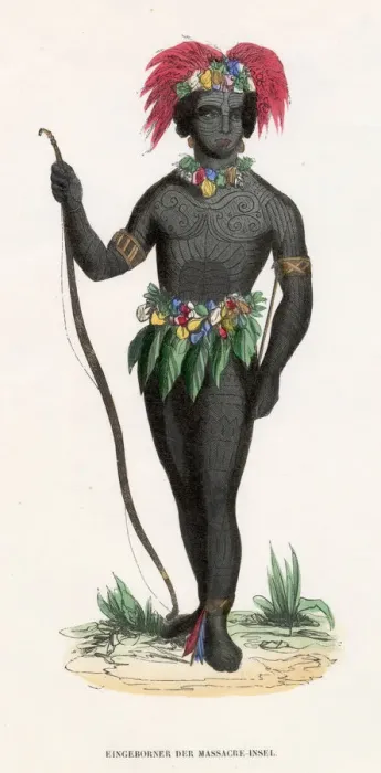 Framed Print : Massacre Islands: a native man with tattooed body Date: mid-19th century Framed Print : Massacre Islands: a native man with tattooed body Date: mid-19th century