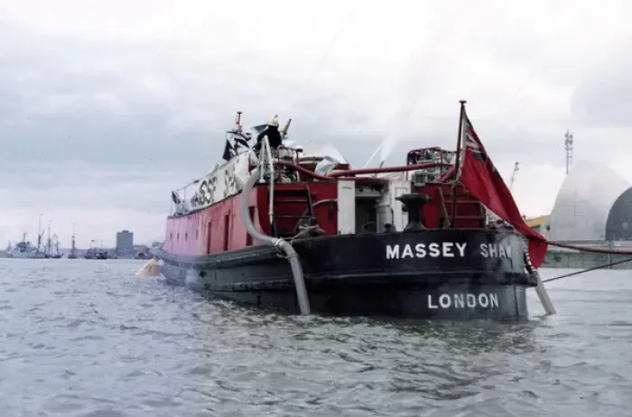 Framed Print : Massey Shaw fireboat in action, River Thames, London Framed Print : Massey Shaw fireboat in action, River Thames, London