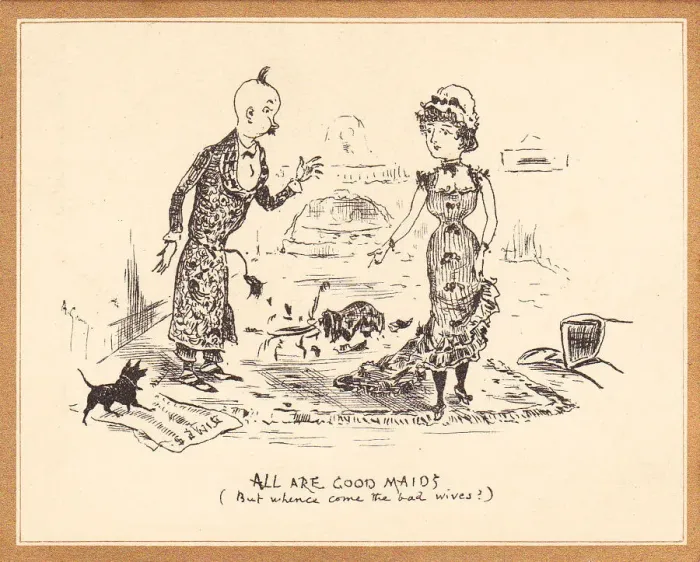 Framed Print : Master and maid on a sepia greetings card Framed Print : Master and maid on a sepia greetings card