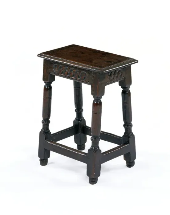 Framed Print : Stool. One of six matching oak joined stools with a carved frieze Framed Print : Stool. One of six matching oak joined stools with a carved frieze