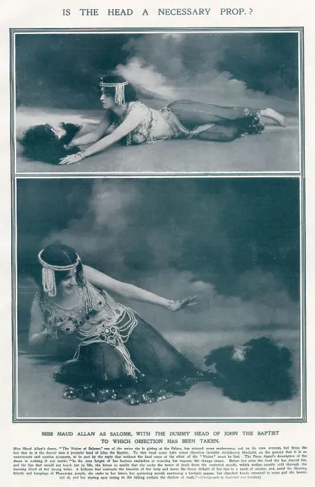 Framed Print : Maud Allan (1873 - 1956), dancer and choreographer. Playing Salome in The Vision of Salome. Inspired by Oscar Wilde's play Salome, Maud Allan can be seen with dummy head of John the Baptist at the Palace. Date: 1908 Framed Print : Maud Allan (1873 - 1956), dancer and choreographer. Playing Salome in The Vision of Salome. Inspired by Oscar Wilde's play Salome, Maud Allan can be seen with dummy head of John the Baptist at the Palace. Date: 1908