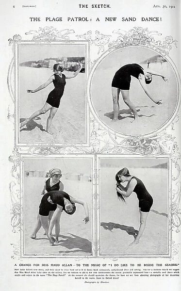 Maud Allan in dance poses on the beach, outdoor photographs
