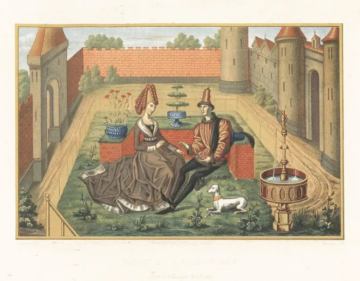 Framed Print : Maulgis with the Belle Oriande in a garden, 15th century Framed Print : Maulgis with the Belle Oriande in a garden, 15th century