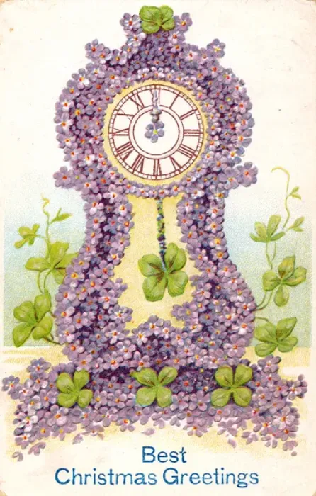 Framed Print : Mauve flowers on a clock on a Christmas postcard Framed Print : Mauve flowers on a clock on a Christmas postcard