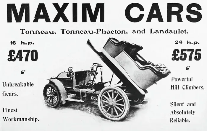 Framed Print : Maxim veteran car advertisement, early 1900s Framed Print : Maxim veteran car advertisement, early 1900s