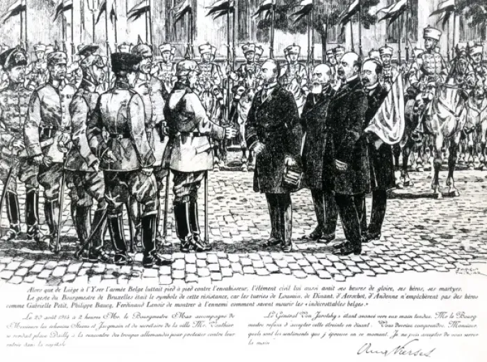 Framed Print : Mayor of Brussels encountering German invaders, WW1 Framed Print : Mayor of Brussels encountering German invaders, WW1