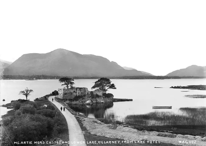 Framed Print : Mc. Artie Mors Castle, and Lower Lake, Killarney, from Lake Framed Print : Mc. Artie Mors Castle, and Lower Lake, Killarney, from Lake