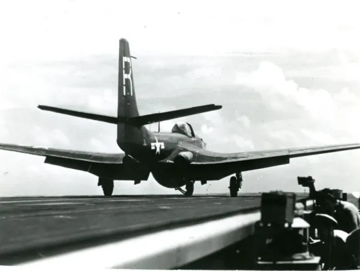 Framed Print : McDonnell FH-1 Phantom lands aboard an aircraft carrier Framed Print : McDonnell FH-1 Phantom lands aboard an aircraft carrier