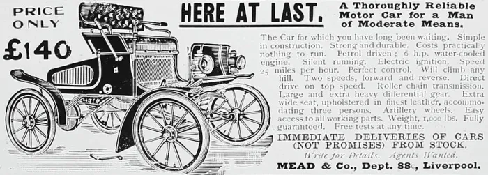 Framed Print : Mead & Co. veteran car advertisement, early 1900s Framed Print : Mead & Co. veteran car advertisement, early 1900s
