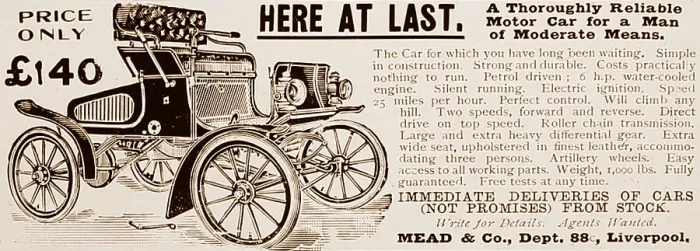 Framed Print : Mead & Co. veteran car advertisement, early 1900s Framed Print : Mead & Co. veteran car advertisement, early 1900s