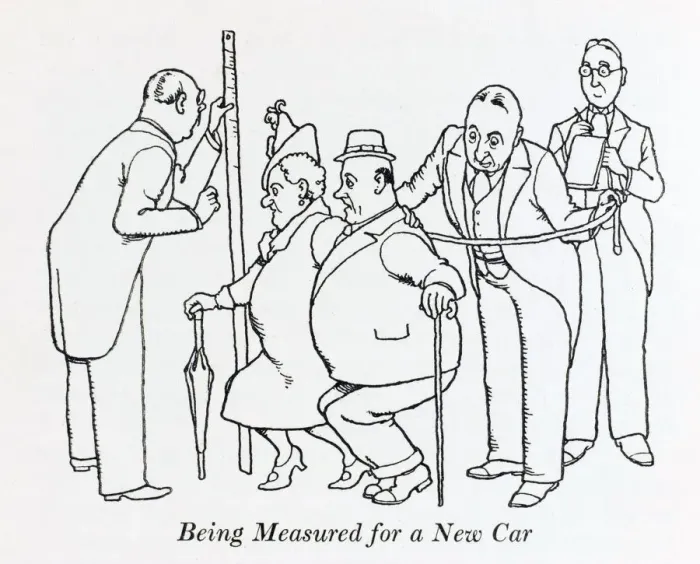 Framed Print : Being measured for a new car / W Heath Robinson Framed Print : Being measured for a new car / W Heath Robinson