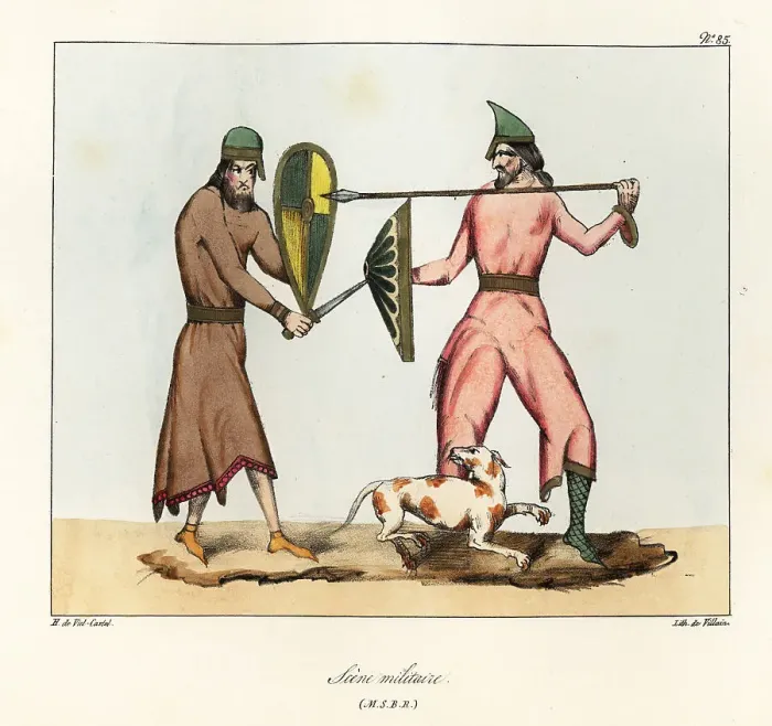 Framed Print : Medieval battle scene with two warriors armed with lance, sword Framed Print : Medieval battle scene with two warriors armed with lance, sword