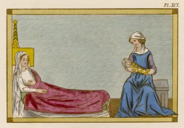 Framed Print : Medieval Childbirth 14C Framed Print : Medieval Childbirth 14C