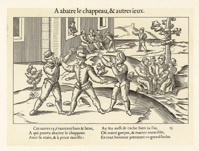 Framed Print : Medieval children playing the game of knock off the hat, 1587 Framed Print : Medieval children playing the game of knock off the hat, 1587