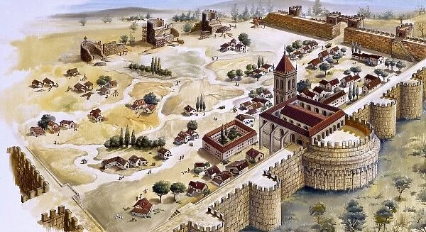 Medieval city under construction. Watercolour