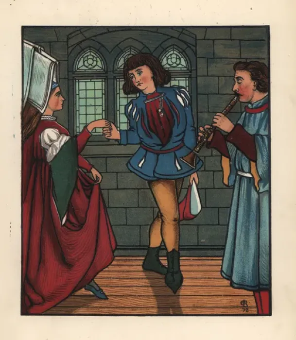Framed Print : Medieval couple dancing to a musician playing a clarinet Framed Print : Medieval couple dancing to a musician playing a clarinet