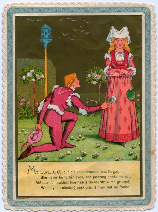 Framed Print : Medieval couple in a garden on a Valentine card Framed Print : Medieval couple in a garden on a Valentine card