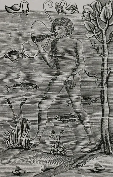 Framed Print : Medieval diver using bladder to breath. Engraving Framed Print : Medieval diver using bladder to breath. Engraving