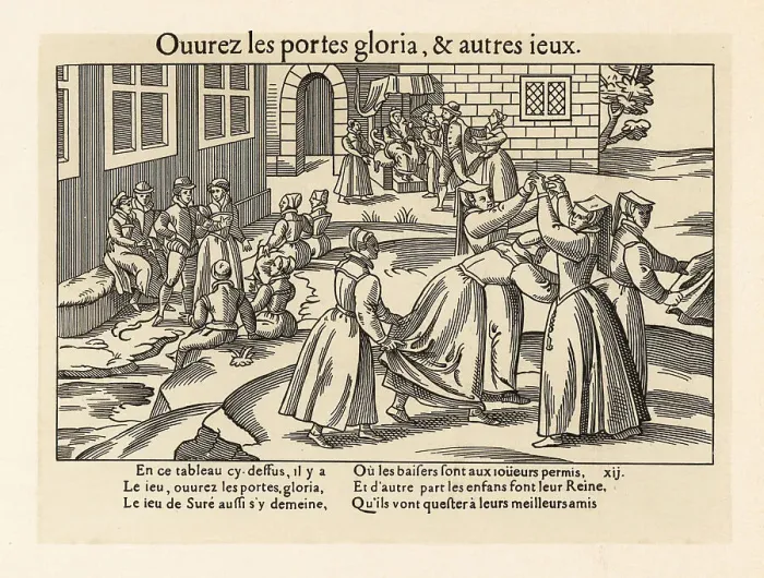 Framed Print : Medieval girls playing the game of Open the Doors, 1587 Framed Print : Medieval girls playing the game of Open the Doors, 1587