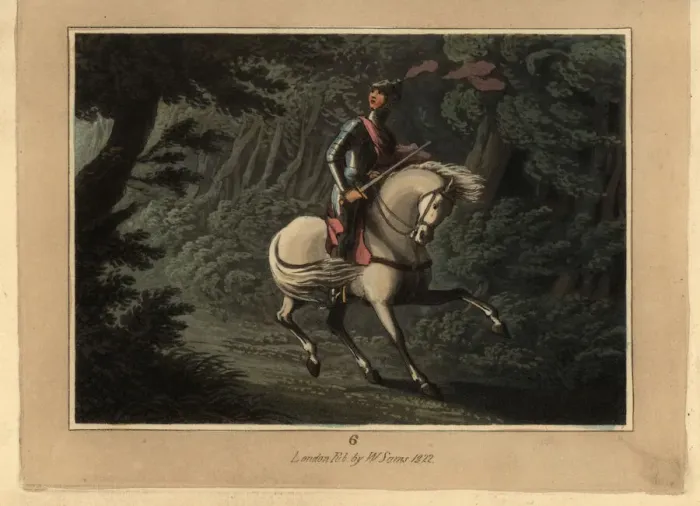 Framed Print : Medieval knight in armour on horseback lost in a forest Framed Print : Medieval knight in armour on horseback lost in a forest
